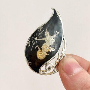 Mekkala Goddess Featured Teardrop Siam Sterling Silver Thai Nielloware Brooch